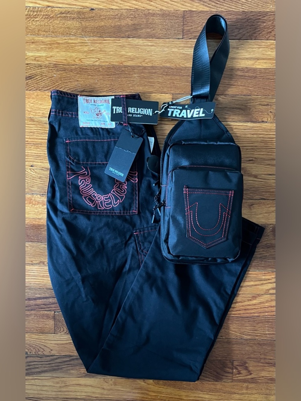 True Religion Black Jeans Size 32 with Matching Black Crossbody Sling Bag